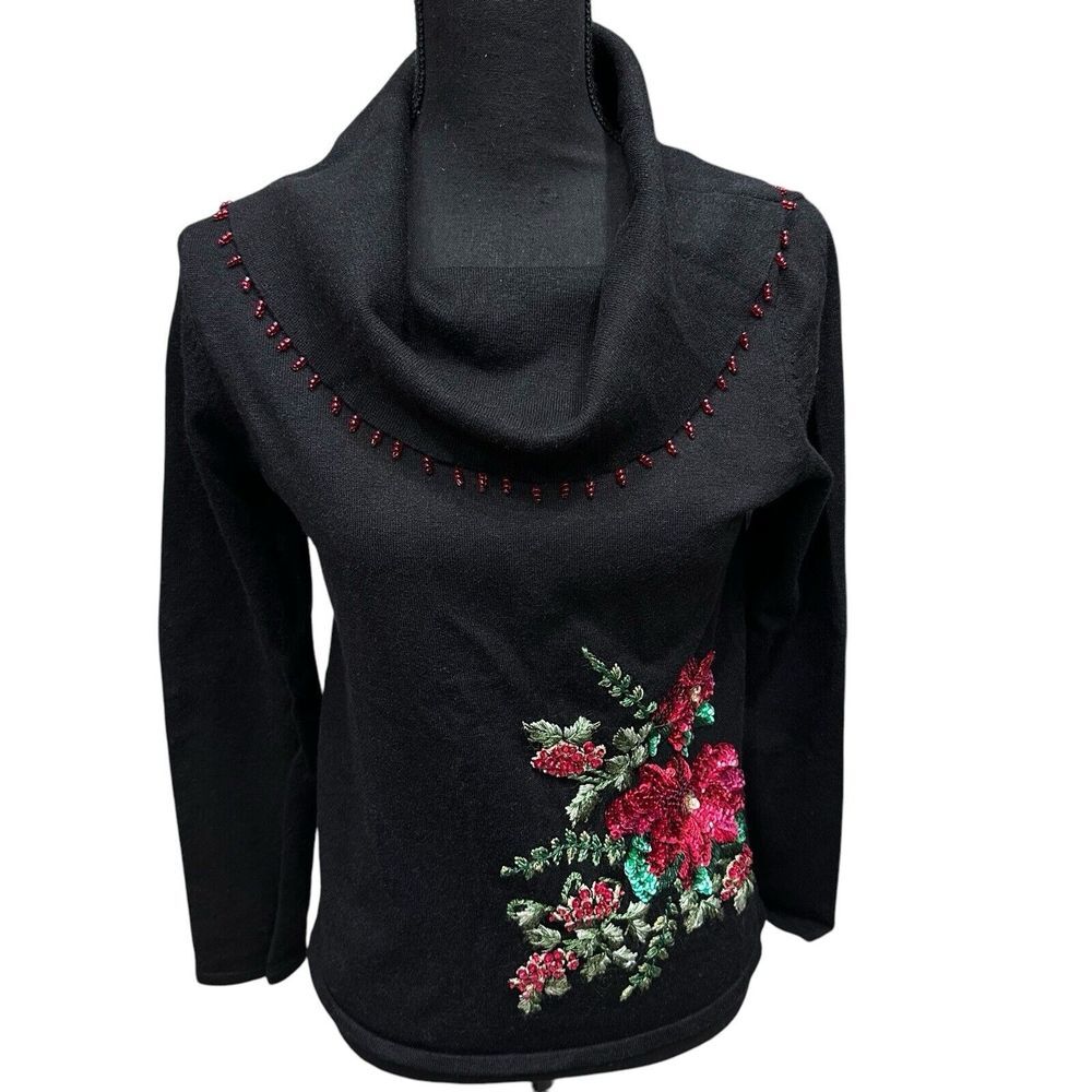 Vintage Tiara International Sequin Beaded Poinsettias Christmas Sweater Sz Small